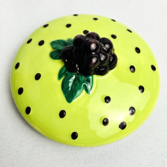 CBK Purple & Lime Green Ceramic Whimsical Vintage Lidded Pot Grapes Pears 7” - Picture 6 of 10